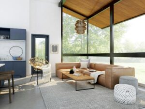 living room with brown sofa and glass window