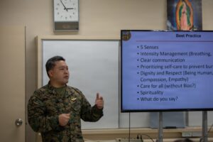 3rd MLG Chaplains And Religious Program Specialists Participate in a Mass Casualty Training Course on Camp Kinser. U.S. Navy Lt. Yo Kim, a chaplain with 3rd Medical Battalion, 3rd Marine Logistics Group, teaches a class during a mass casualty training course on Camp Kinser, Okinawa, Japan, Jan. 6, 2025. Religious personnel participated in a mass casualty training course in efforts to foster force readiness and standardize methods of operation across units within 3rd MLG. Kim is a native of Washington. (U.S. Marine Corps photo by Lance Cpl. Marcus Henson)