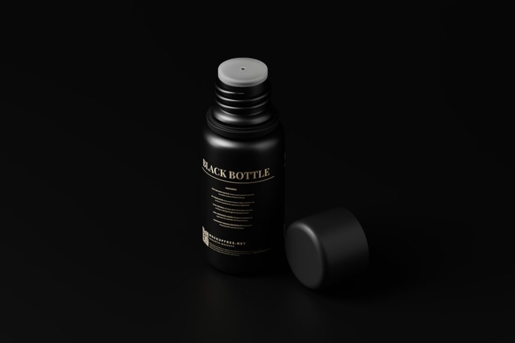 Cosmetic Black Bottle Mockups Small black bottle packaging mockups with dark color setup / theme Download the PSD mockup for free from Mockup Free : https://mockupfree.net